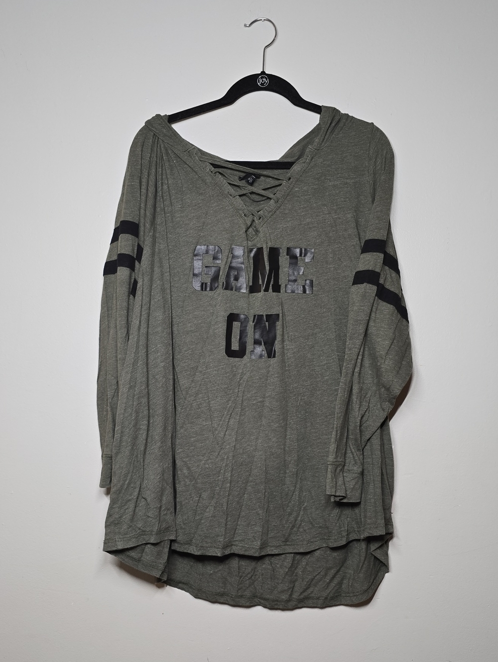 torrid Olive Lace-Up Hooded 'GAME ON' Long Sleeve Top with Black Stripes